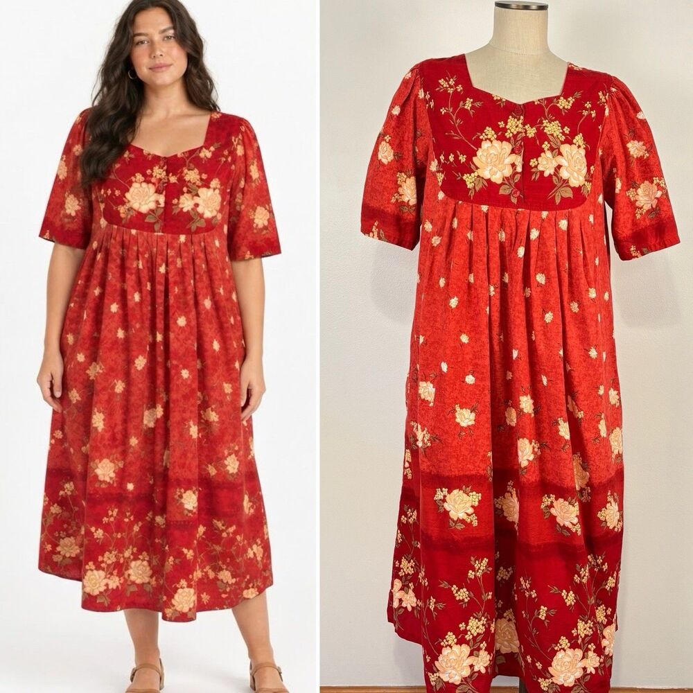Vintage Barbizon 90s Rust Red Floral Cottagecore Maxi Dress Size L Cotton Pocket